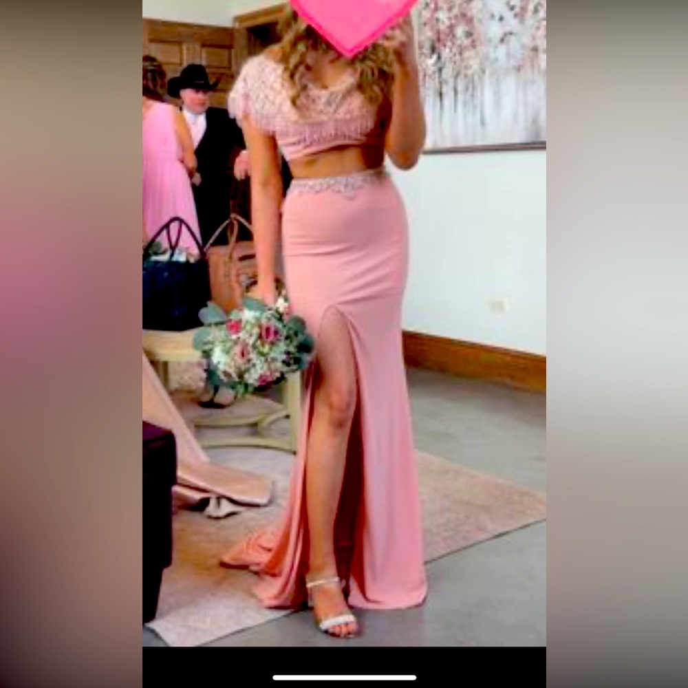 Size 0 powder pink two piece dress for weddings, prom, pageants, etc.